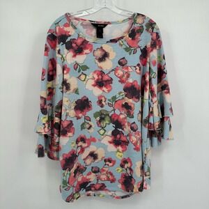 Ali Miles Womens Artsy Floral Top Size L Cottagecore Painterly Ruffle Sleeve